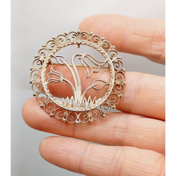 Vintage Scandinavian SYLVSMIDJA 830 Silver Filigree Tulip Flower Brooch Pendant - Picture 3 of 7